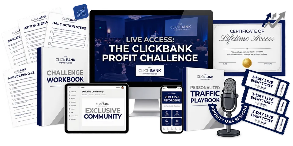 ClickBank Profit Challenge resources including workbook, community, replay access and traffic playbook